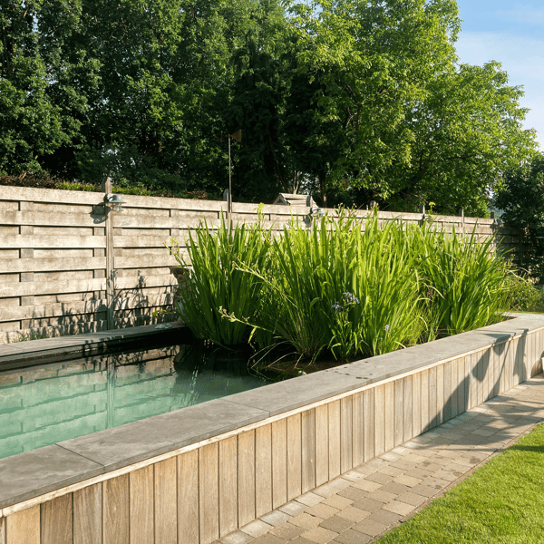 houten tuinafsluiting bij zwemvijver met oeverplanten