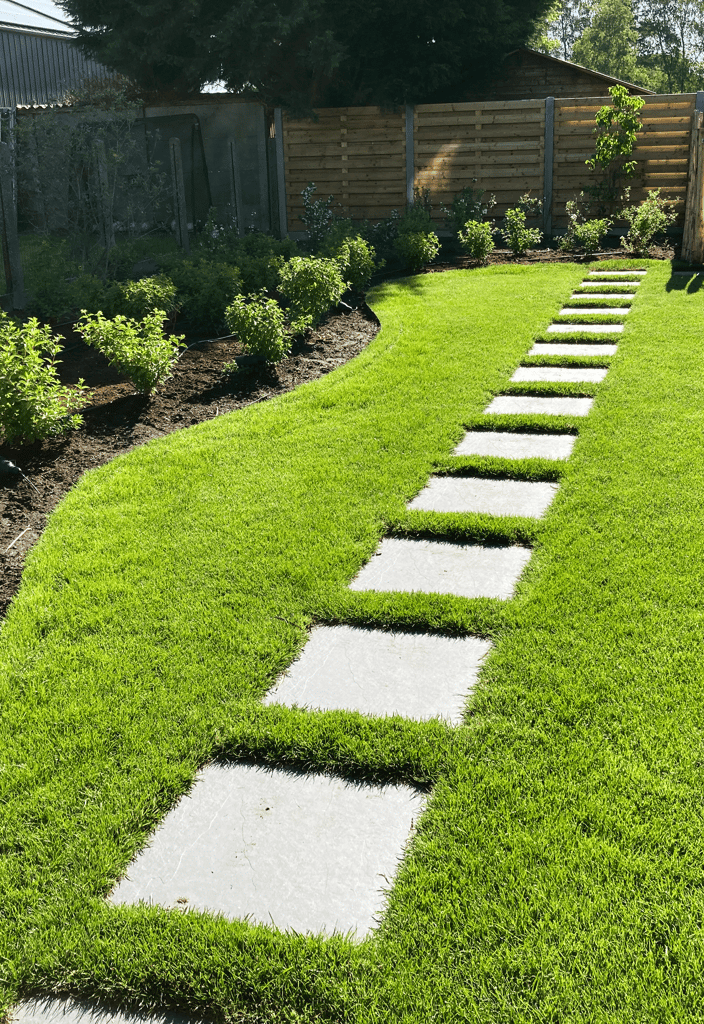 tegelpad in gazon met nieuwe aanplanting