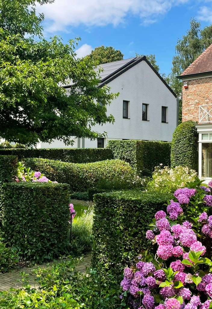 bloemenrijk erf met hagen en hortensia's