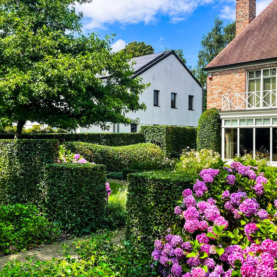 bloemenrijk erf met hagen en hortensia's